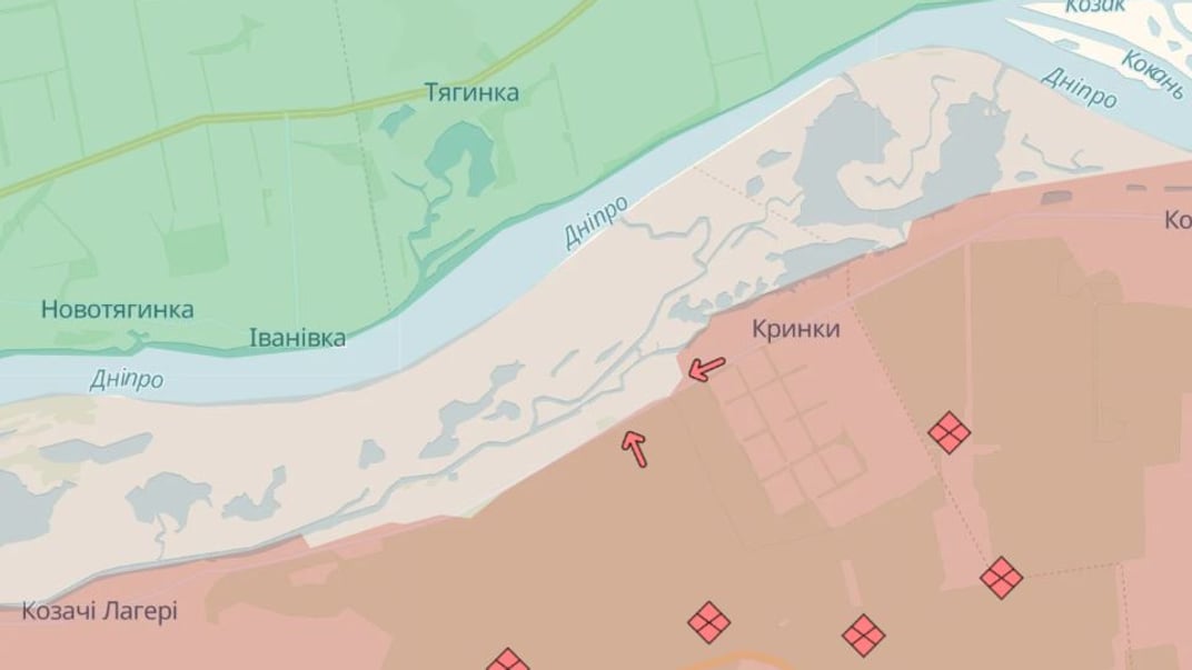 Ситуація в районі села Кринки на Херсонщині станом на 16 липня, за версією проєкту DeepStateMap