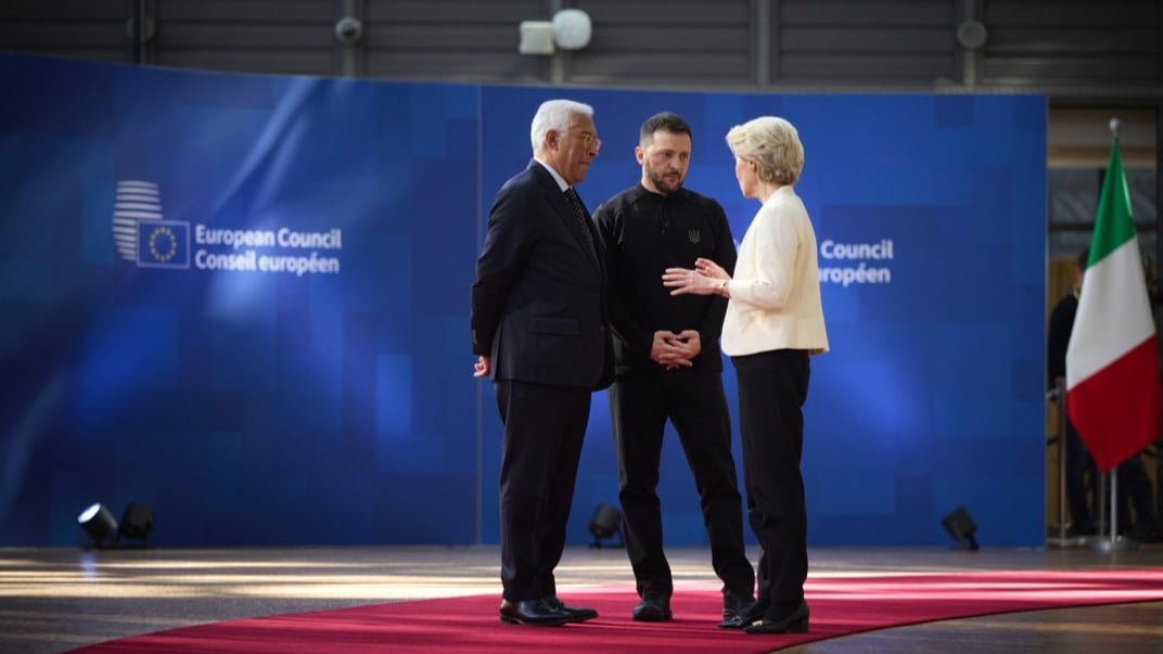 Президент України Володимир Зеленський разом із президенткою Єврокомісії Урсулою фон дер Ляєн та президентом Європейської ради Антоніу Коштою, 6 березня 2025 року
