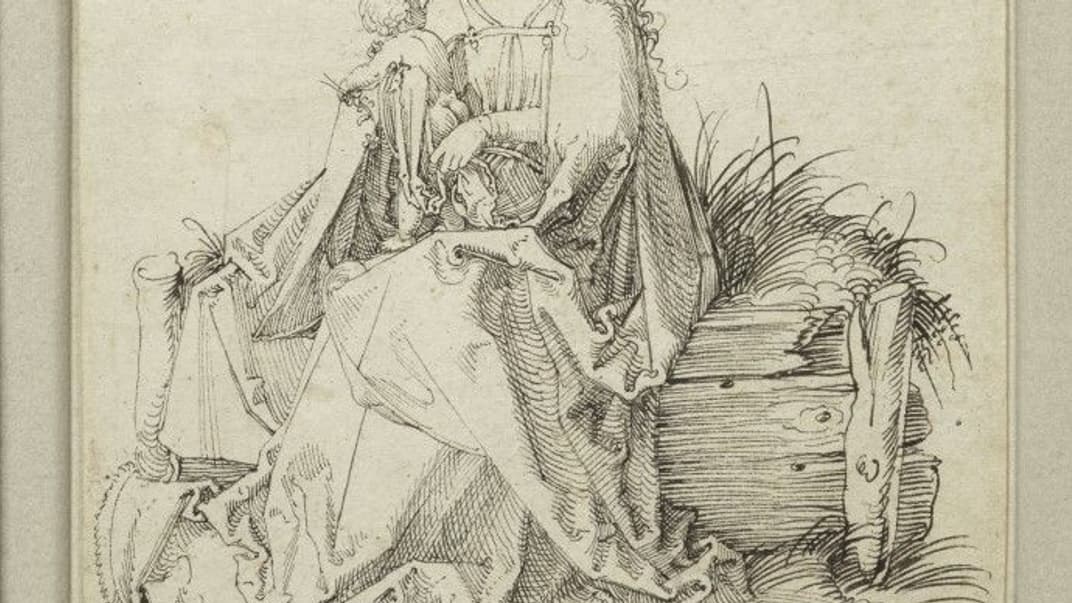 Картина Альбрехта Дюрера, на якій зображена Богородиця з немовлям та квіткою на трав'янистому березі