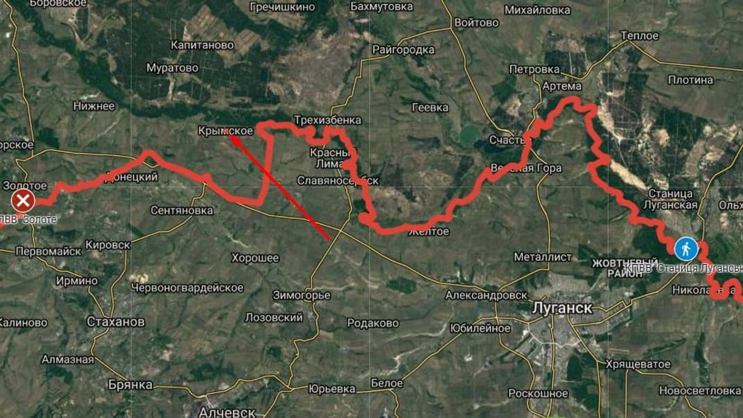 Червоним позначено лінію зіткнення на Донбасі