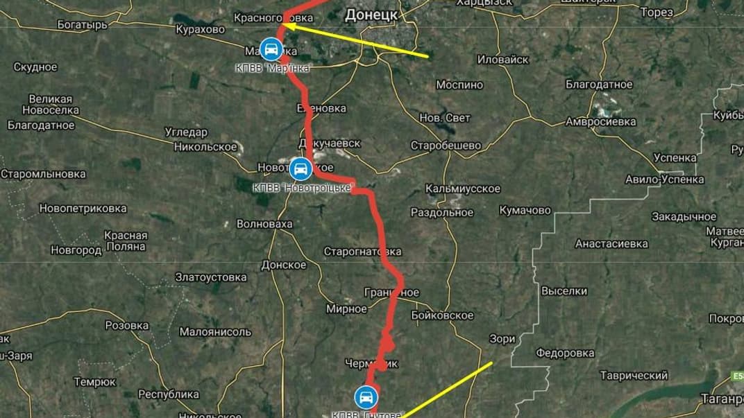 Червоним позначено лінію зіткнення на Донбасі