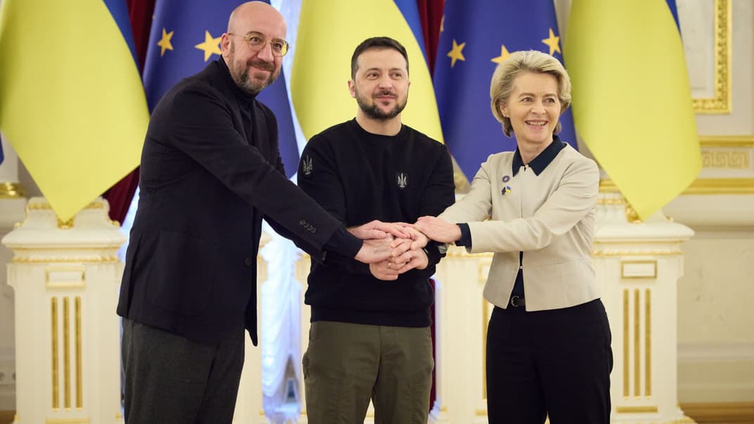 Президент України Володимир Зеленський, президентка Єврокомісії Урсула фон дер Ляєн та голова Європейської Ради Шарль Мішель на зустрічі у Києві, 3 лютого 2023 року