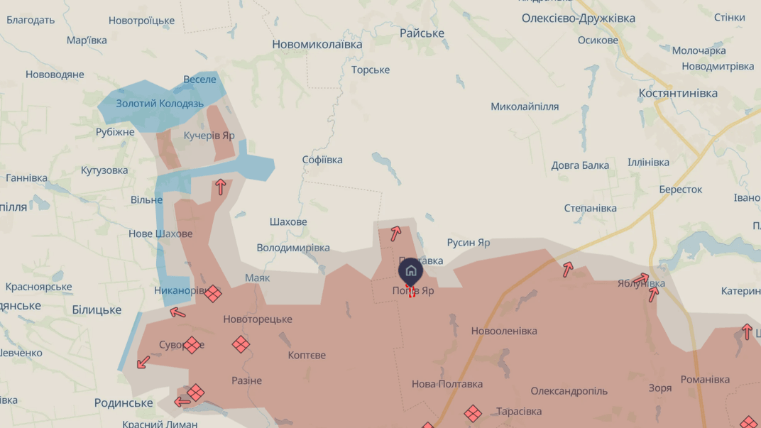 Попов Яр на карте DeepState по состоянию на 15 августа 2025 года