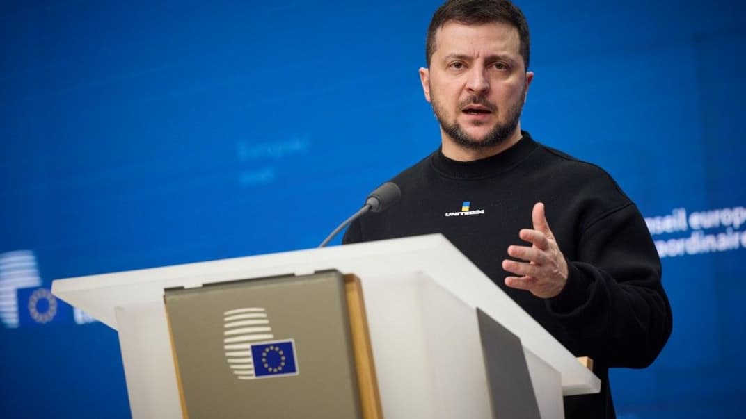 Володимир Зеленський виступає перед європейськими лідерами в Брюсселі, 9 лютого 2023 року