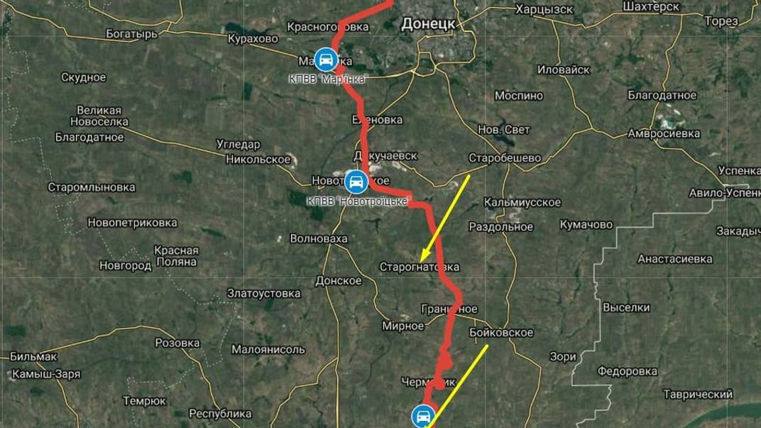 Червоним позначено лінію зіткнення на Донбасі