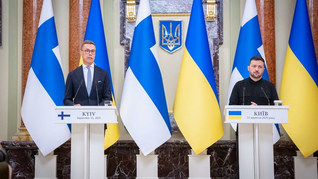 Президент Фінляндії Александр Стубб та президент України Володимир Зеленський на брифінгу в Києві, 11 вересня 2025 року