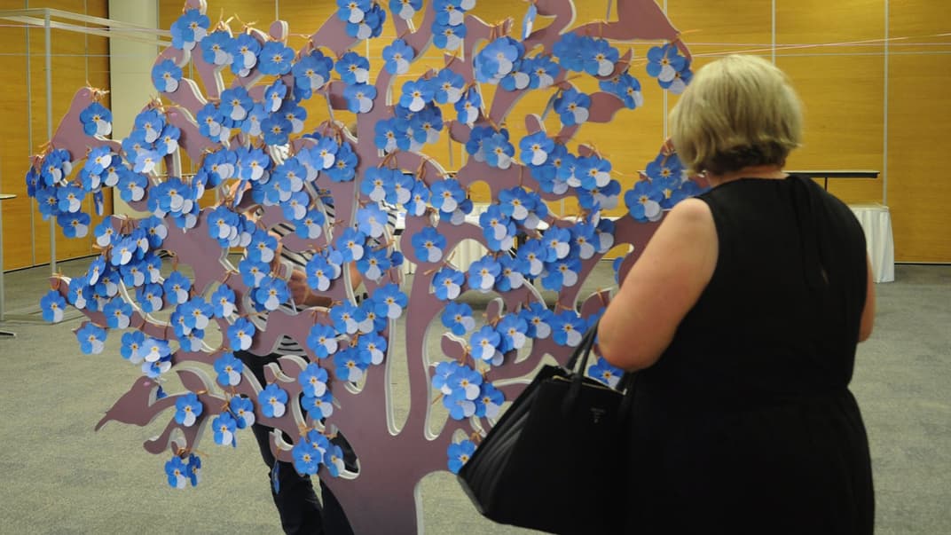 Родственники пропавших без вести вешают незабудки с именами, Тбилиси, 30 августа 2019 года