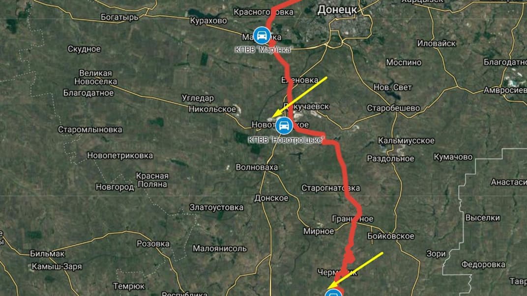 Червоним позначено лінію зіткнення на Донбасі