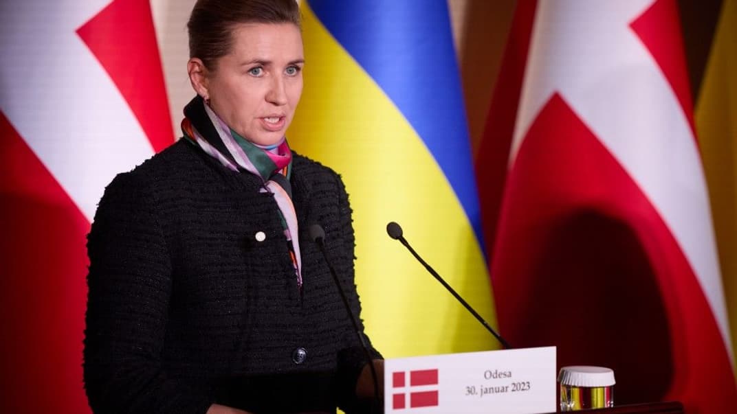 Прем'єр-міністерка Данії Метте Фредеріксен під час пресконференції із президентом України Володимиром Зеленським в Одесі, 30 січня 2023 року