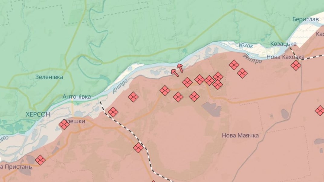 Ця мапа демонструє зону, де росіяни намагаються форсувати Дніпро, щоб захопити плацдарм на правобережжі Херсонщини