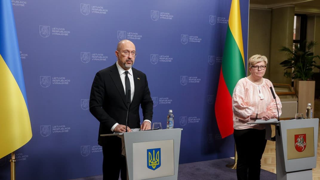 Інгріда Шимоніте та Денис Шмигаль під час спільної пресконференції, 5 квітня 2024 року