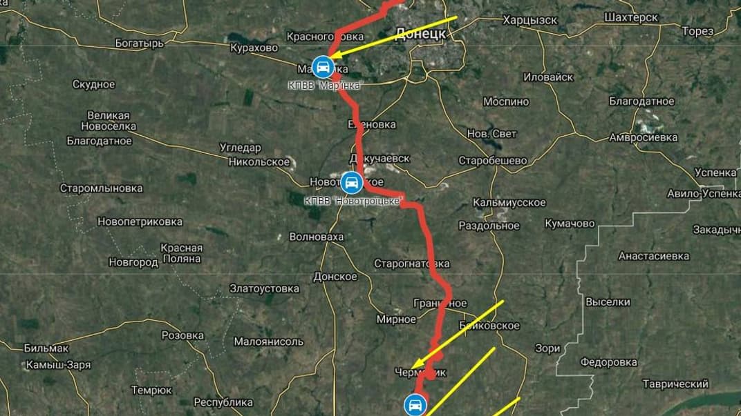 Червоним позначено лінію зіткнення на Донбасі