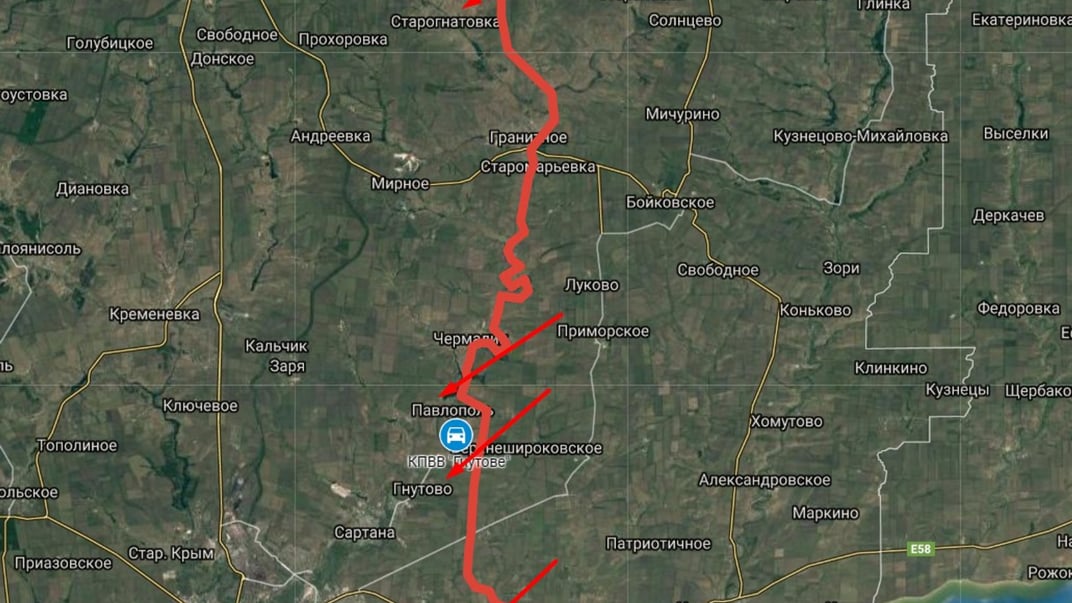 Червоним позначено лінію зіткнення на Донбасі