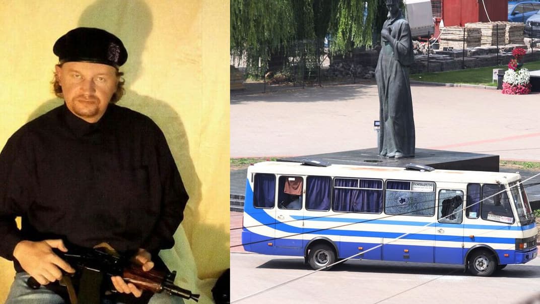 Фото Максима Кривоша і автобуса, який він захопив на центральній площі Луцька