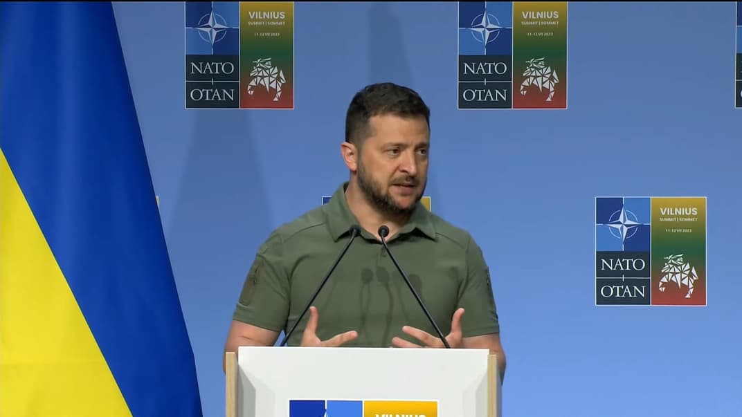 Президент Владимир Зеленский во время пресс-конференции в Вильнюсе, 12 июля 2023 года