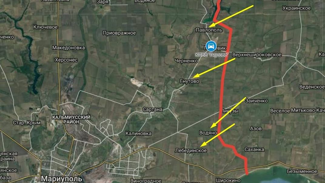 Червоним позначено лінію зіткнення на Донбасі