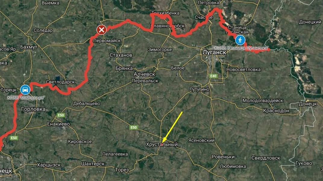 Червоним позначено лінію зіткнення на Донбасі