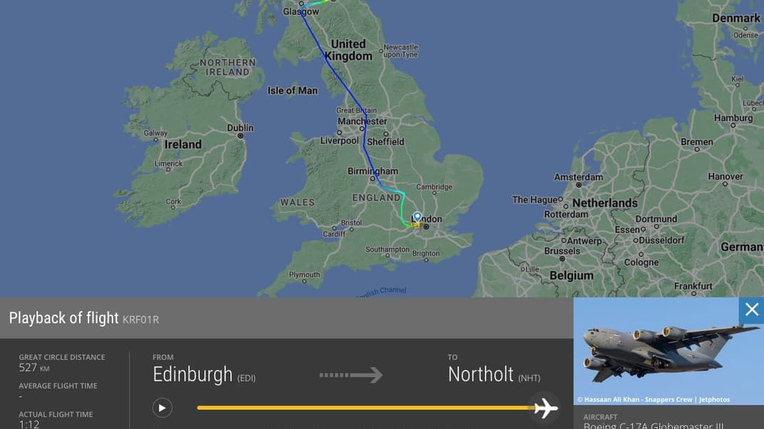 Відстежування останнього польоту королеви Єлизавети II на платформі Flightradar, 13 вересня 2022 року