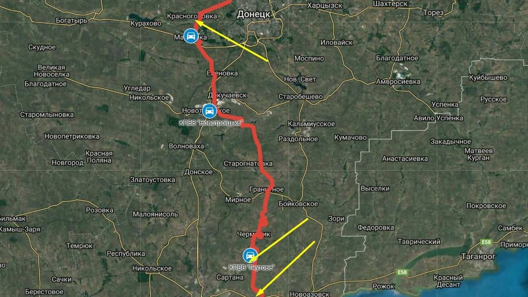 Червоним позначено лінію зіткнення на Донбасі