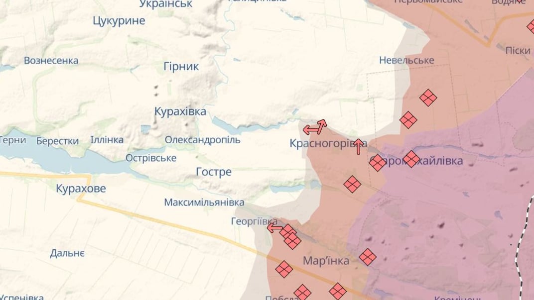 Ця карта показує просування російських військ в напрямку Гірника та Курахівки станом на 18 серпня