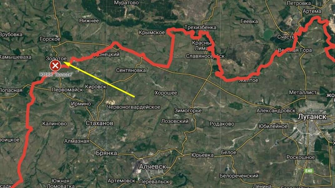 Червоним позначено лінію зіткнення на Донбасі