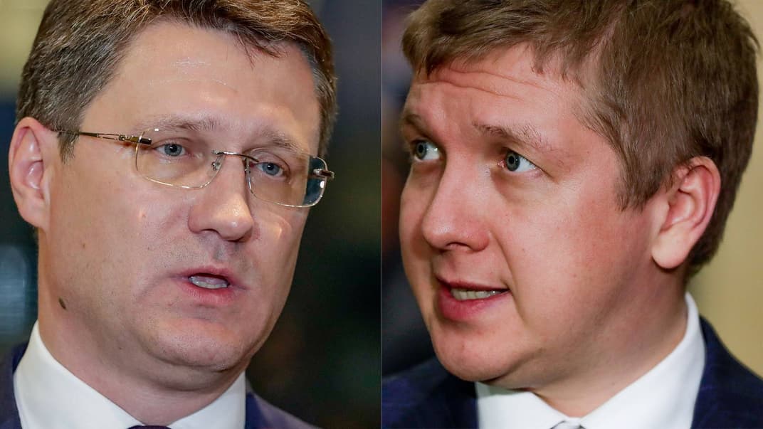 Міністр енергетики Росії Олександр Новак (ліворуч) та голова Нафтогазу України Андрій Коболєв під час брифінгу після перемовин у Брюсселі, Бельгія, 21 січня 2019 року