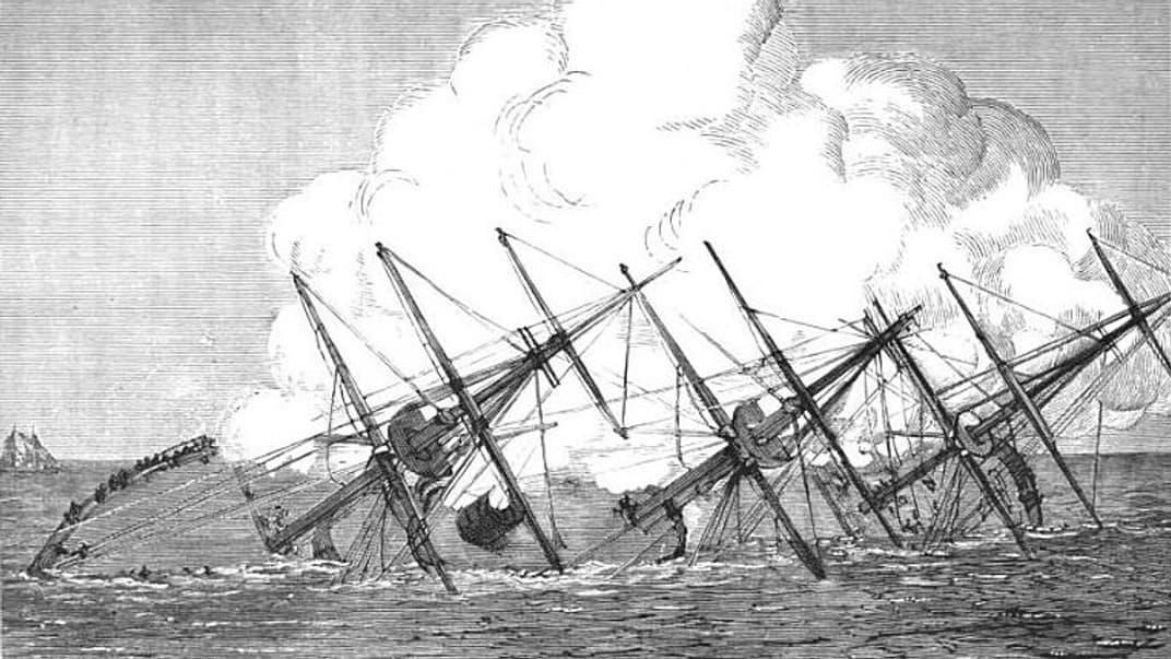 Момент затоплення німецького військового корабля «Великий курфюрст», 31 травня 1878 року. На його борту були 284 людини, всі вони загинули