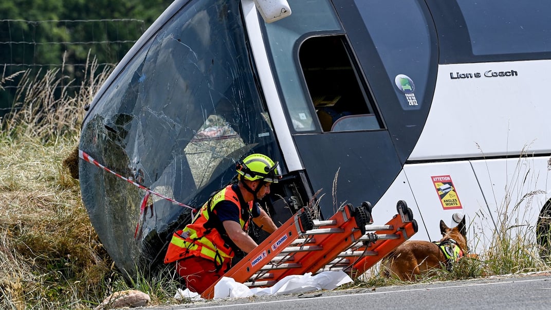 Кінолог пожежно-рятувальної служби департаменту Мен і Луара на місці ДТП з автобусом, у якому перебували українці, 3 червня 2025 року
