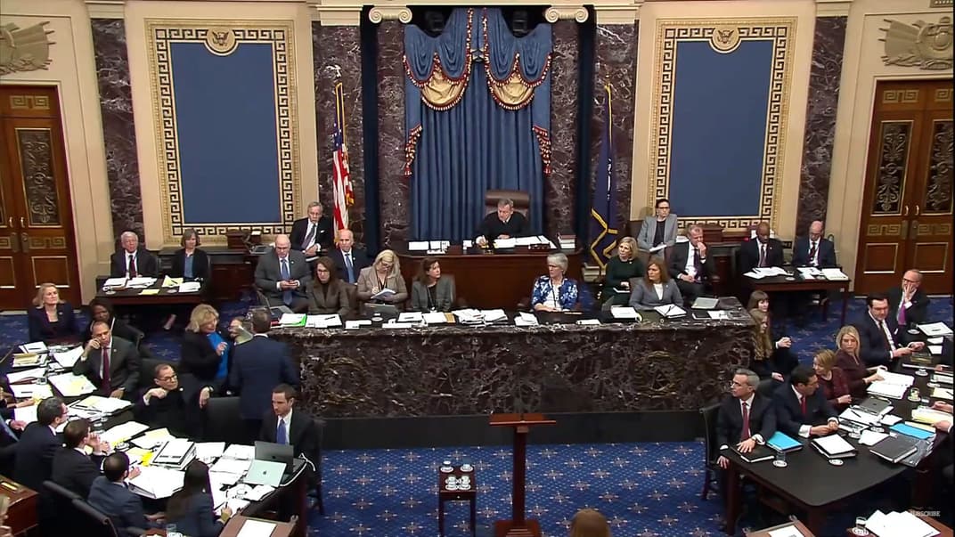 Сенат США рассматривает резолюцию главы республиканского большинства Мича Макконела, которое определяет регламент судебных слушаний по делу импичмента президента США Дональда Трампа, Вашингтон, США, 21 января 2020 год