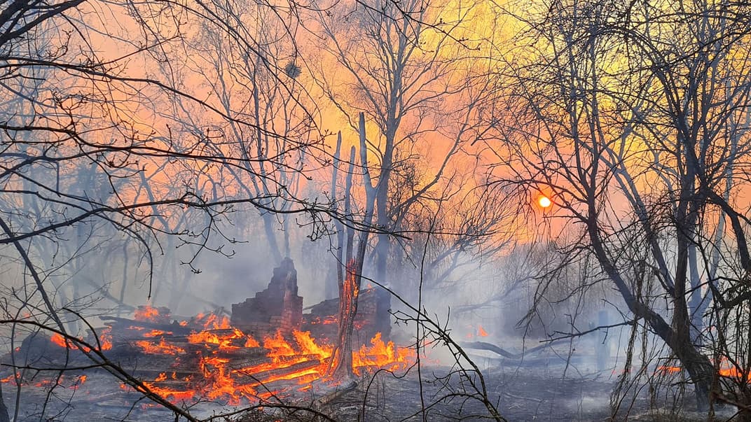 Лісова пожежа біля села Володимирівка в Чорнобильській зоні відчуження, 5 квітня 2020 року. Пожежа у Котовському лісництві на площі 20 гектарів почалась 4 квітня, рятувальники намагаються загасити вогонь вже четвертий день