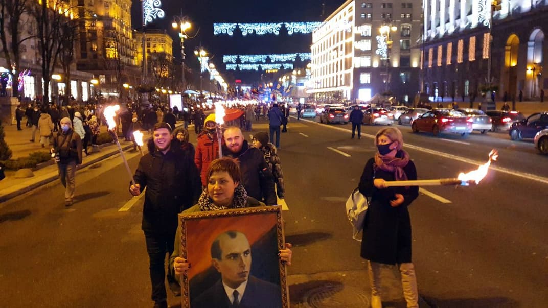 Смолоскипна хода до 112-ої річниці з дня народження Степана Бандери. Київ, 1 січня 2021 року