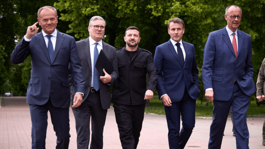 Володимир Зеленський разом з Емманюелем Макроном, Фрідріхом Мерцом, Дональдом Туском та Кіром Стармером у Києві, 10 травня 2025 року