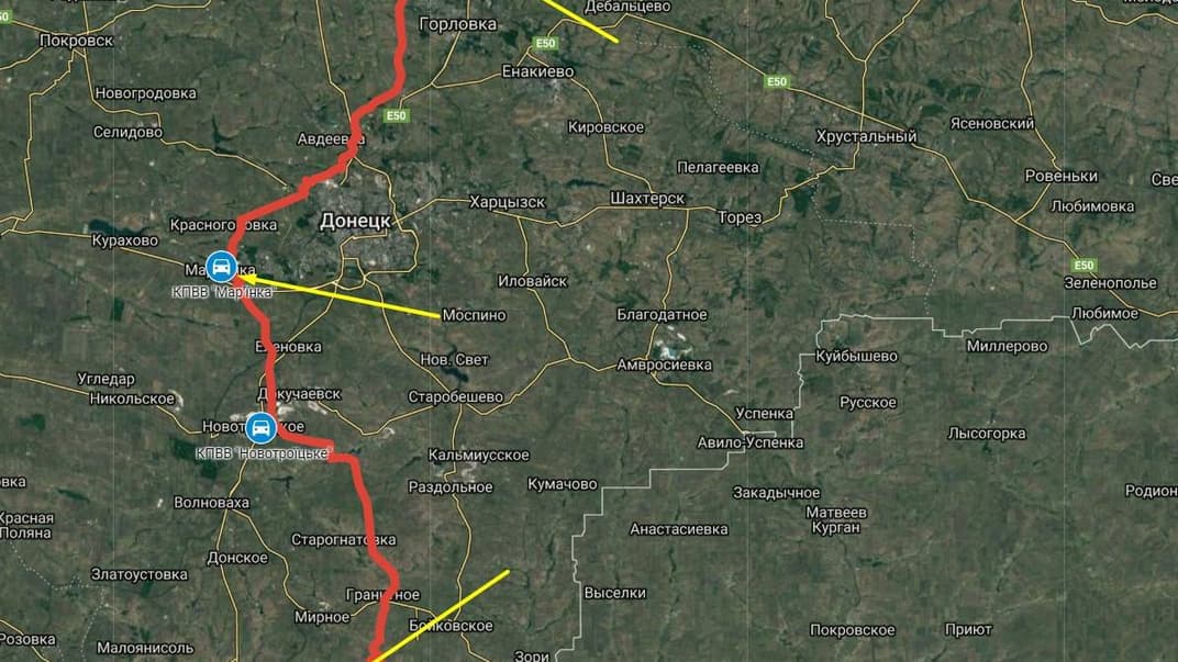 Червоним позначено лінію зіткнення на Донбасі