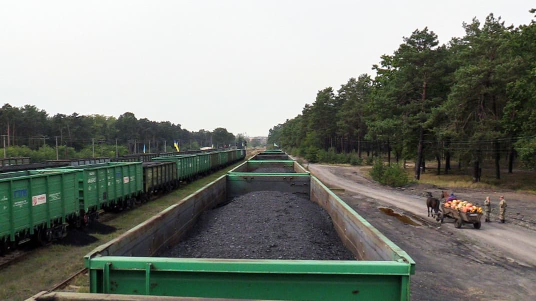 Грузовые вагоны с углем, заблокированные пикетчиками возле городка Сосновка во Львовской области