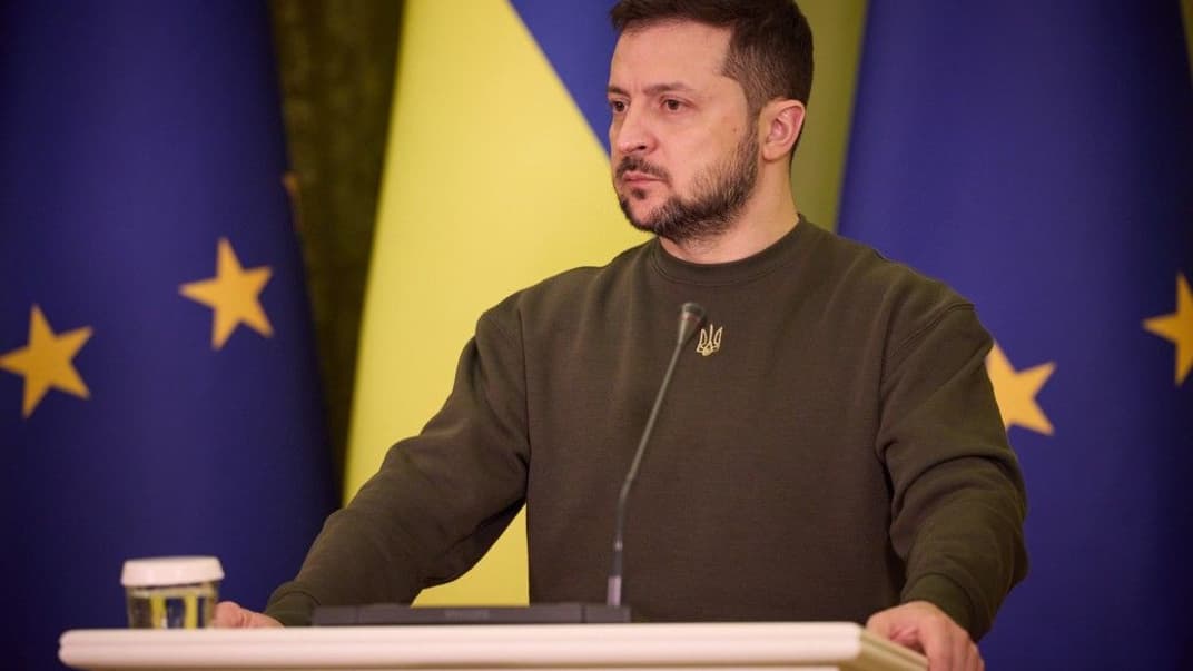 Президент Володимир Зеленський на брифінгу за результатами зустрічі з президенткою Єврокомісії Урсулою фон дер Ляєн, Київ, 2 лютого 2023 року