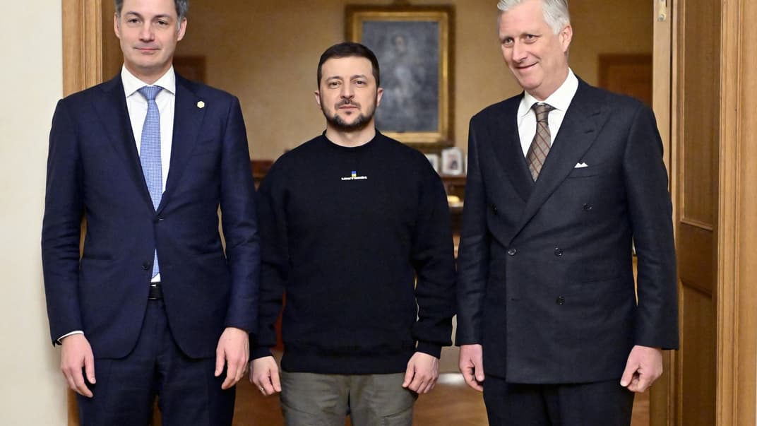 Александер Де Кроо, Володимир Зеленський і Філіп I у Королівському палаці в Брюсселі 9 лютого 2023 року