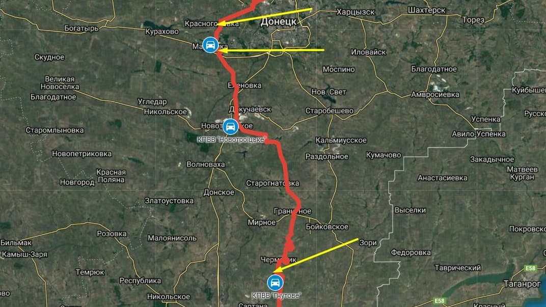 Червоним позначено лінію зіткнення на Донбасі