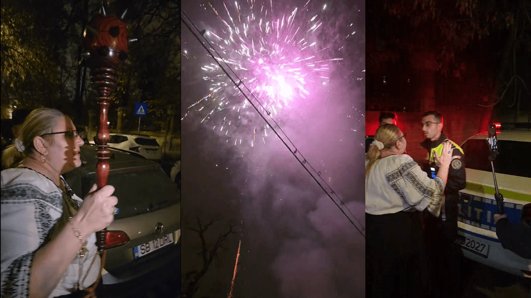 Колаж. Святкування Діани Йованович-Шошоаке, феєрверки та її розмова з поліцією