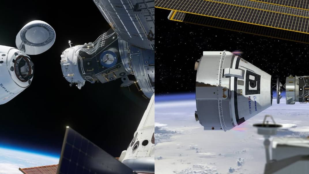 Зліва Crew Dragon SpaceX, cправа CTS-100 Starliner Boeing