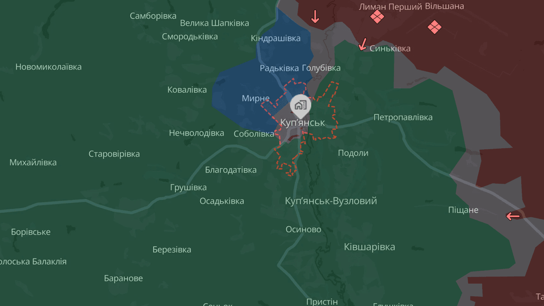 Ситуація в Куп'янську, за даними DeepState (синім позначено зачищені території)