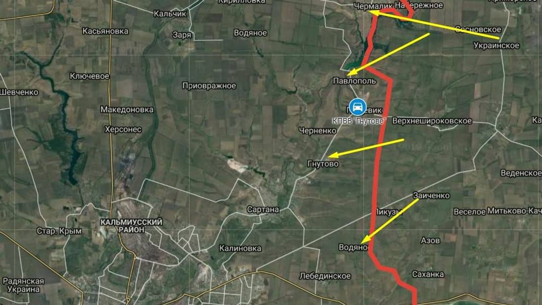 Червоним позначено лінію зіткнення на Донбасі