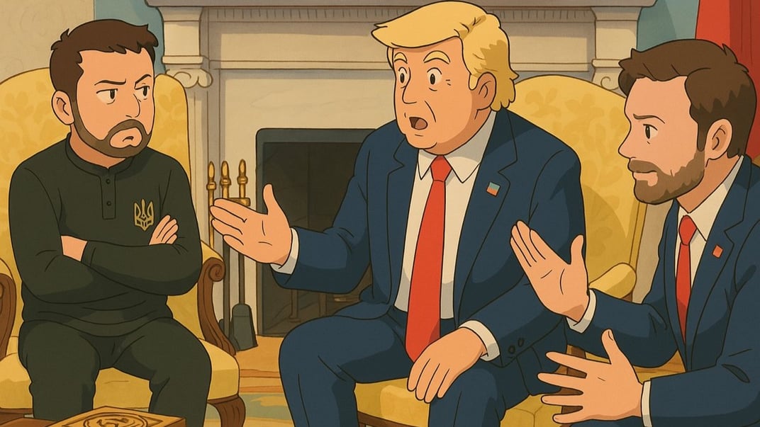 Зустріч президентів України та США Володимира Зеленського й Дональда Трампа в Білому домі, стилізована ChatGPT під сценку з мультфільму студії Ghibli