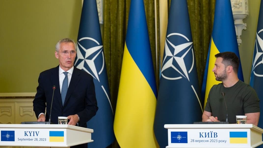 Президент Владимир Зеленский и генсек НАТО Йенс Столтенберг на совместной пресс-конференции в Киеве, 28 сентября 2023 года