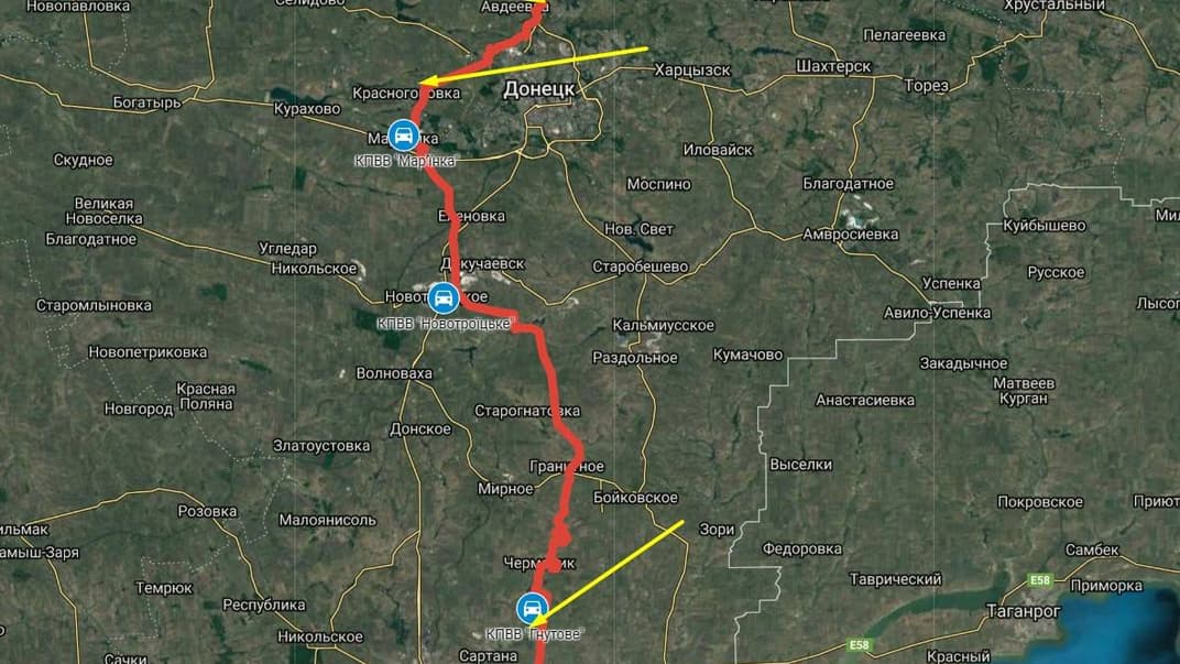 Червоним позначено лінію зіткнення на Донбасі