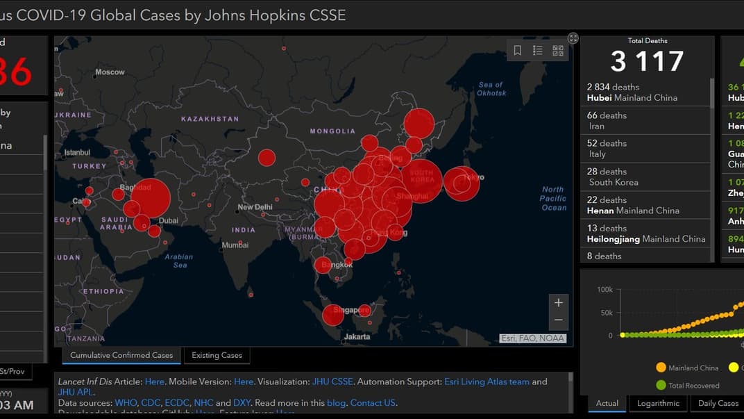 Дані з сервісу для відстеження поширення коронавірусу від Центру системних досліджень при Університеті Джона Хопкінса