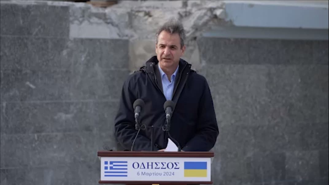 Скриншот з брифінгу прем'єр-міністра Греції Кіріакоса Міцотакіса та президента України Володимира Зеленського в Одесі