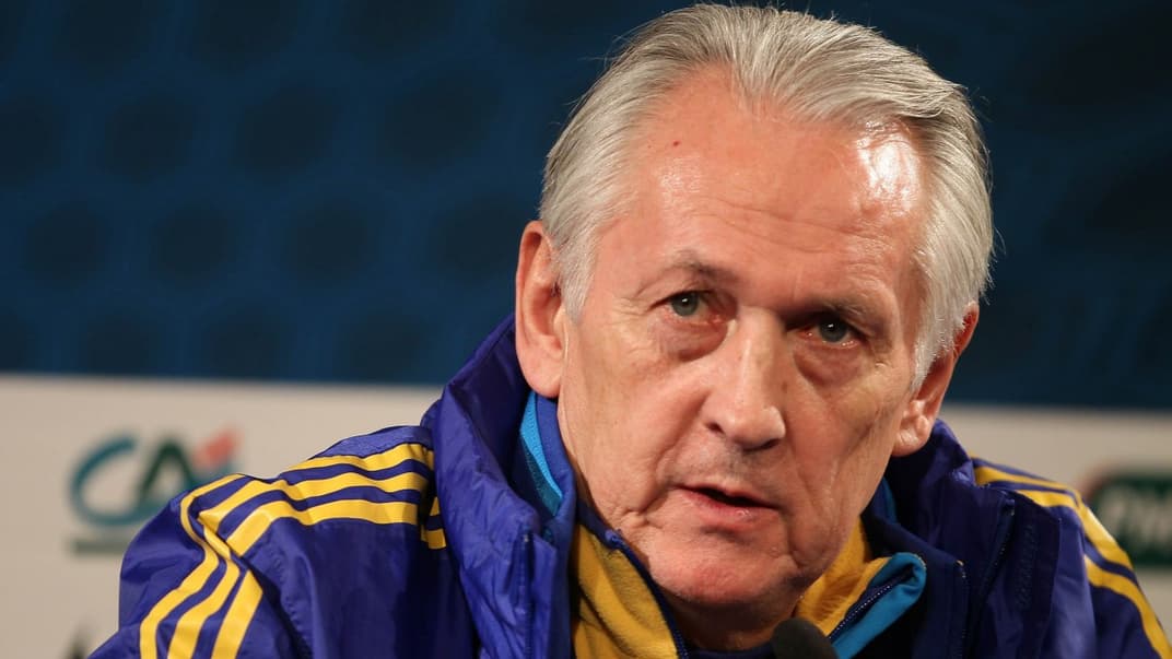 Тодішній головний тренер національної збірної команди України з футболу Михайло Фоменко на пресконференції напередодні матчу-відповіді плей-офф відбіркового циклу чемпіонату світу 2014 зі збірною Франції, у Парижі, 18 листопада 2013 року