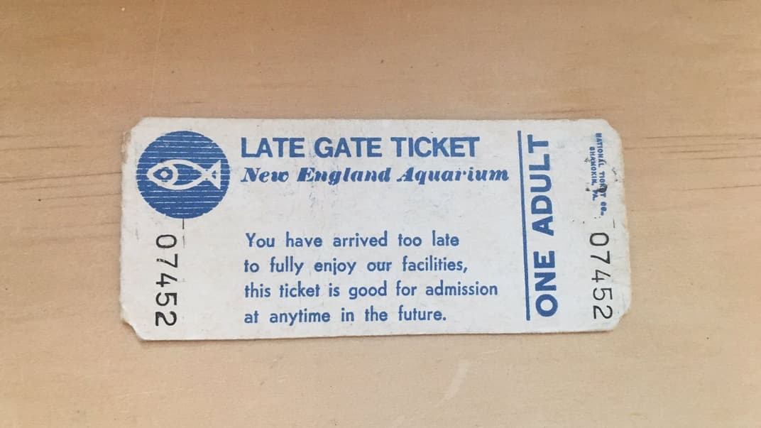 Тот самый билет аквариума «Нью-Ингленд», изданный в ноябре 1983 года и использованный в июне 2021-го