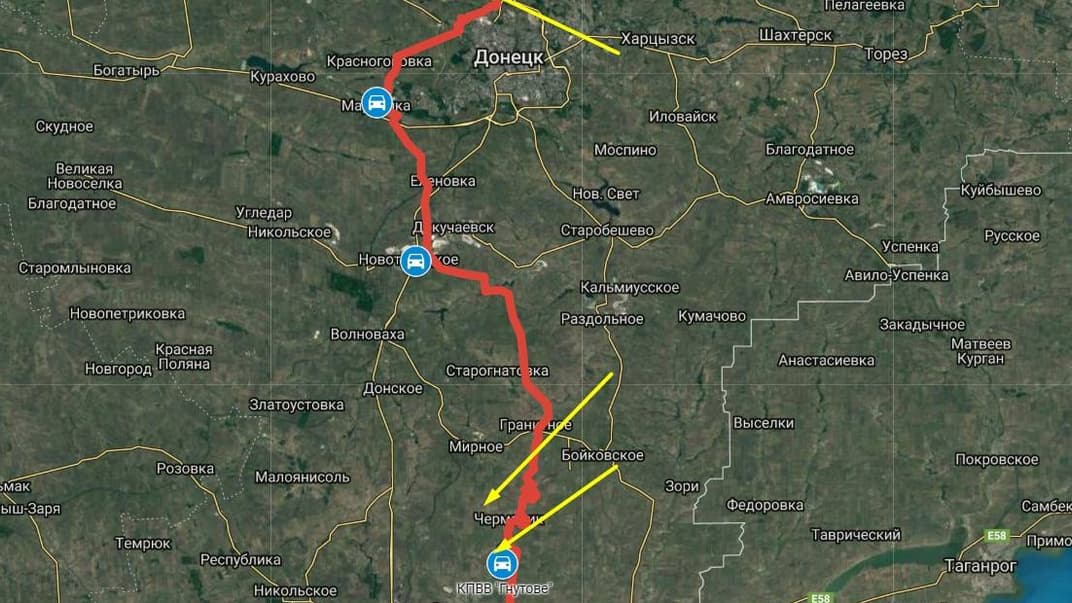 Червоним позначено лінію зіткнення на Донбасі