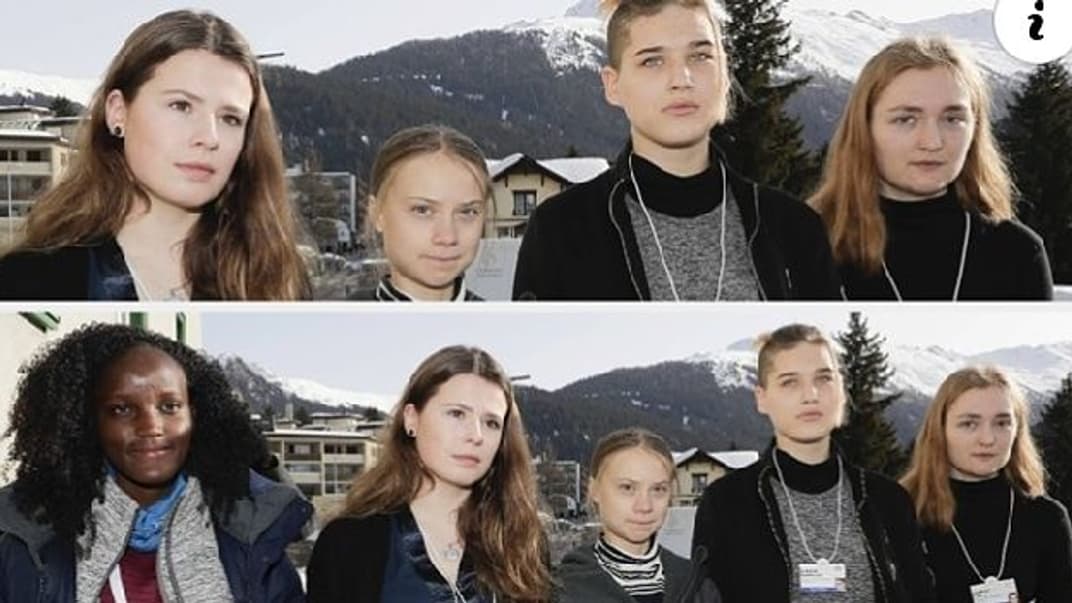 Фото інформаційного агентства Associated Press до і після інциденту через редагування, внаслідок якого з нього зникла єдина темношкіра дівчина — активістка з Уганди Ванеса Накате